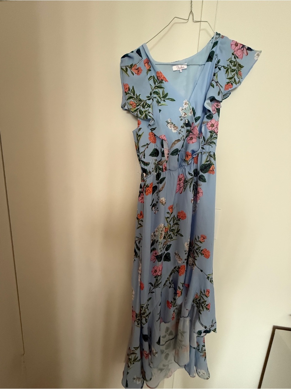 Parker Light Blue Floral High-Low Wrap Dress